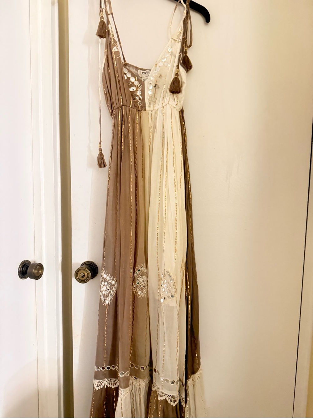 Two-Tone Tassel Maxi Dress in Taupe & Cream